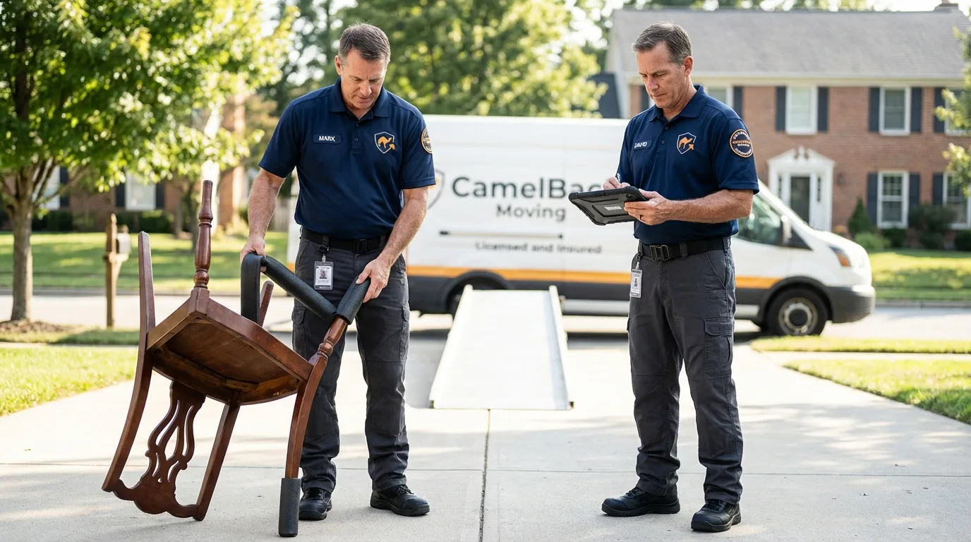 Movers inspecting furniture for damage prevention before loading in Spanish Fork, UT