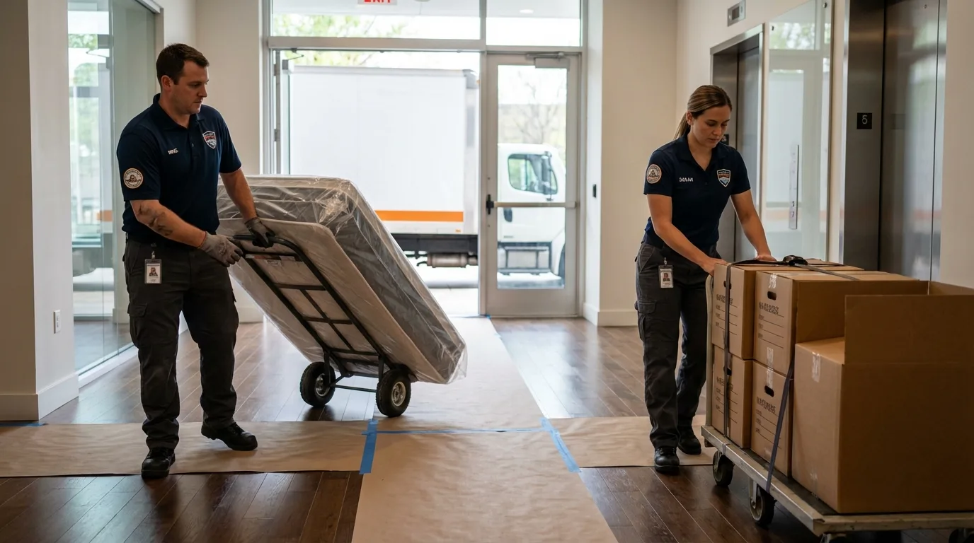 Professional apartment movers loading elevator in Spanish Fork, UT